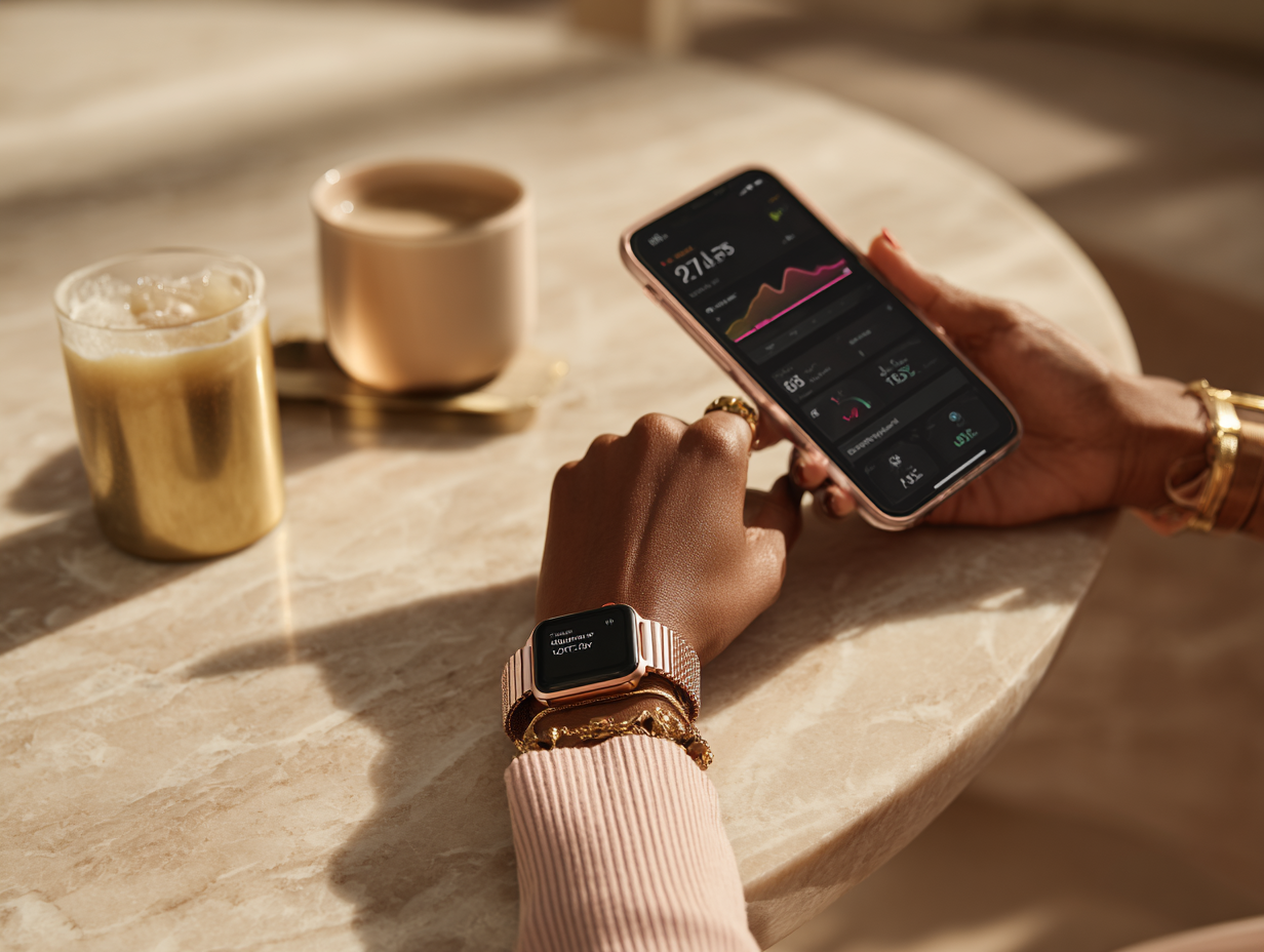 Gabriel Care member at home reviewing health data on phone and wearable